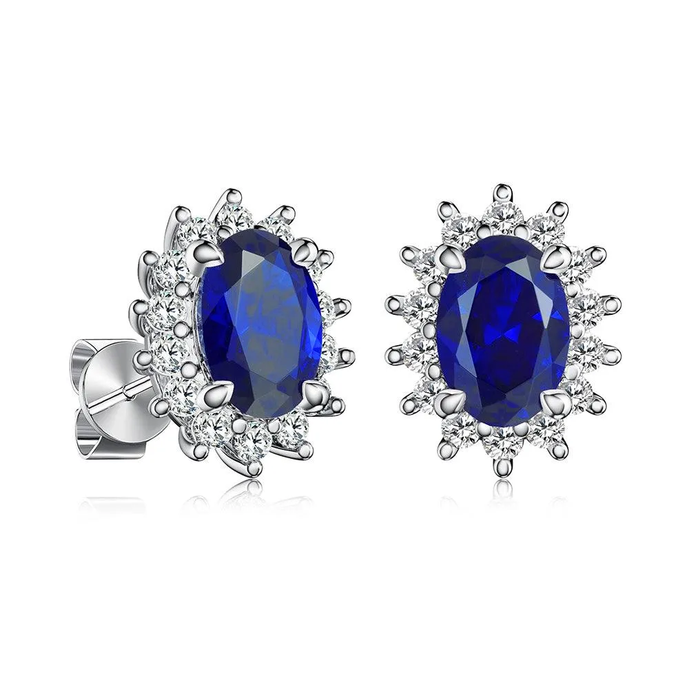 1.42 CT. Blue Sapphire Stud Earrings with Floral Pavé Halo