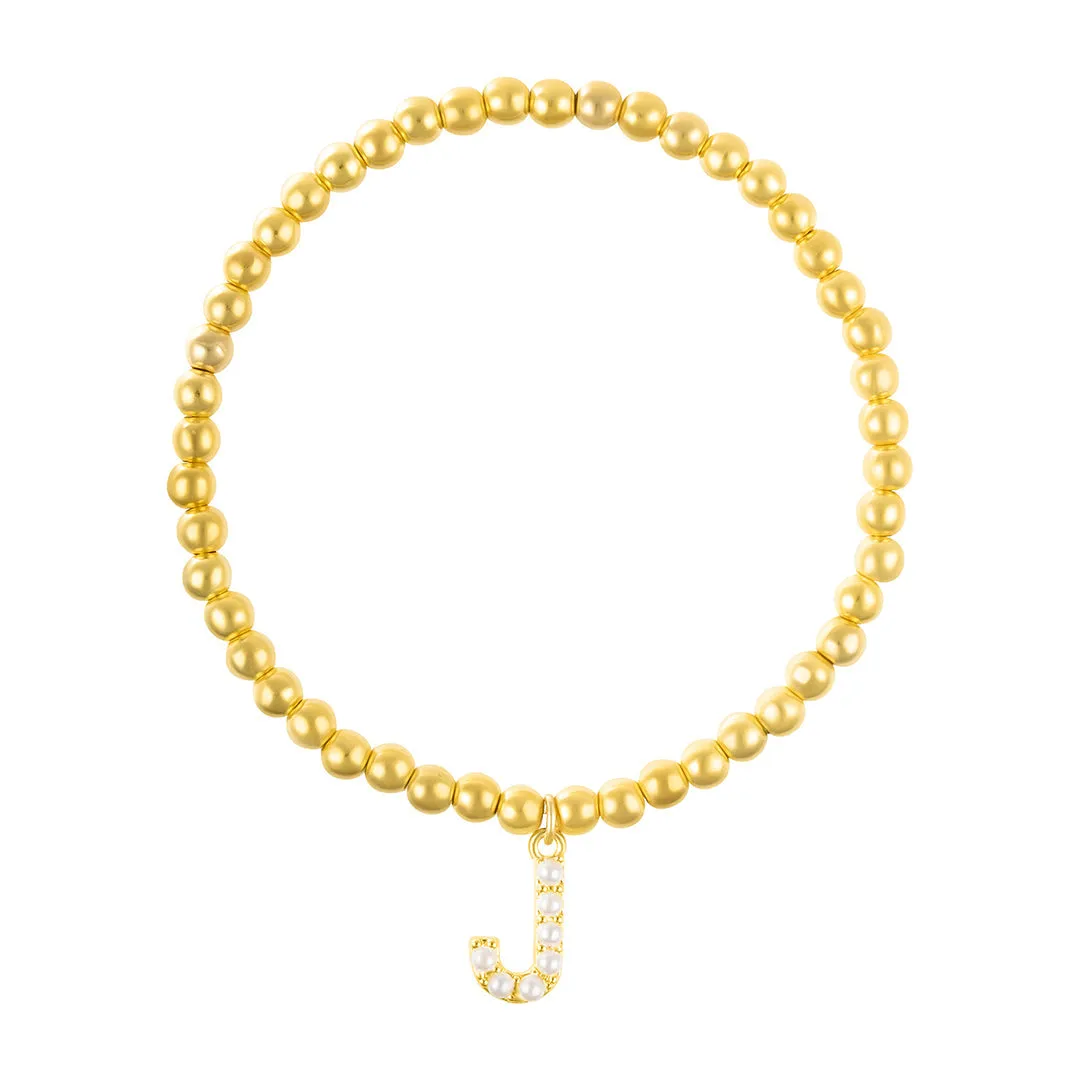 14k Gold Plated Stretch Bead Bracelet with Pearl Letter