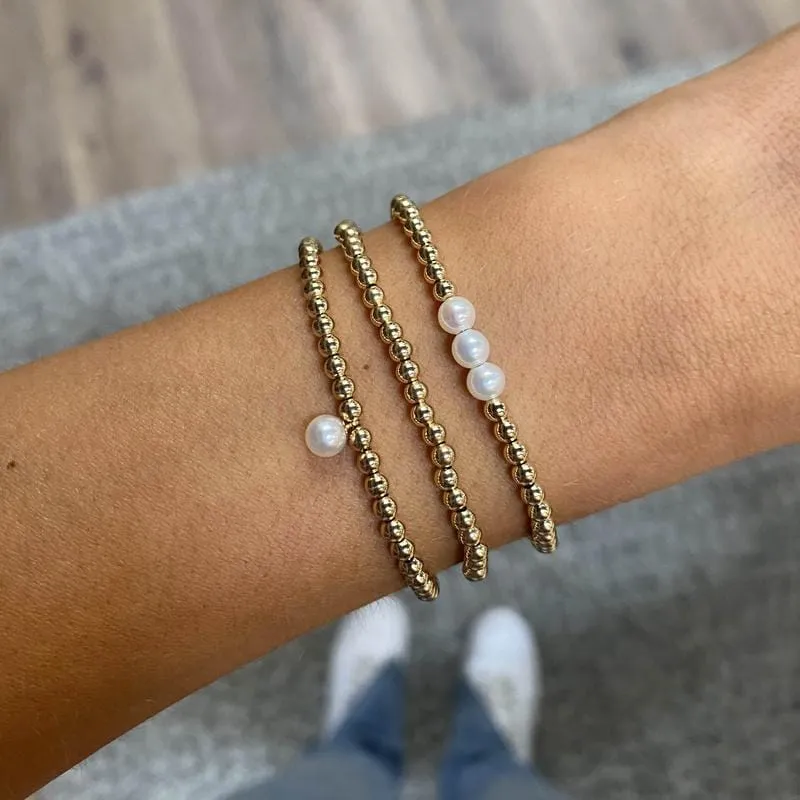 14k Pearl Charm Small Gold Bead Bracelet