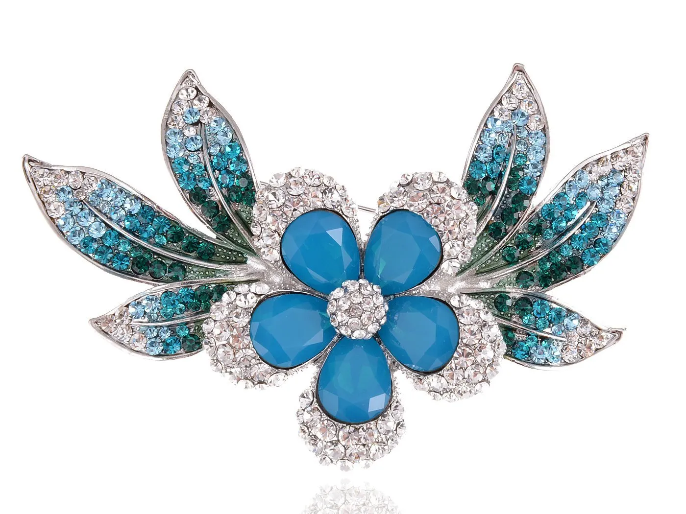 Alilang Womens Silver Blue Green Swarovski Crystal Rhinestones Tropical Hawaiian Flower Brooch Pin