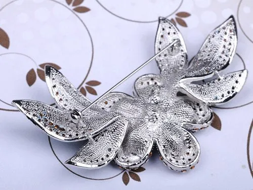 Alilang Womens Silver Blue Green Swarovski Crystal Rhinestones Tropical Hawaiian Flower Brooch Pin