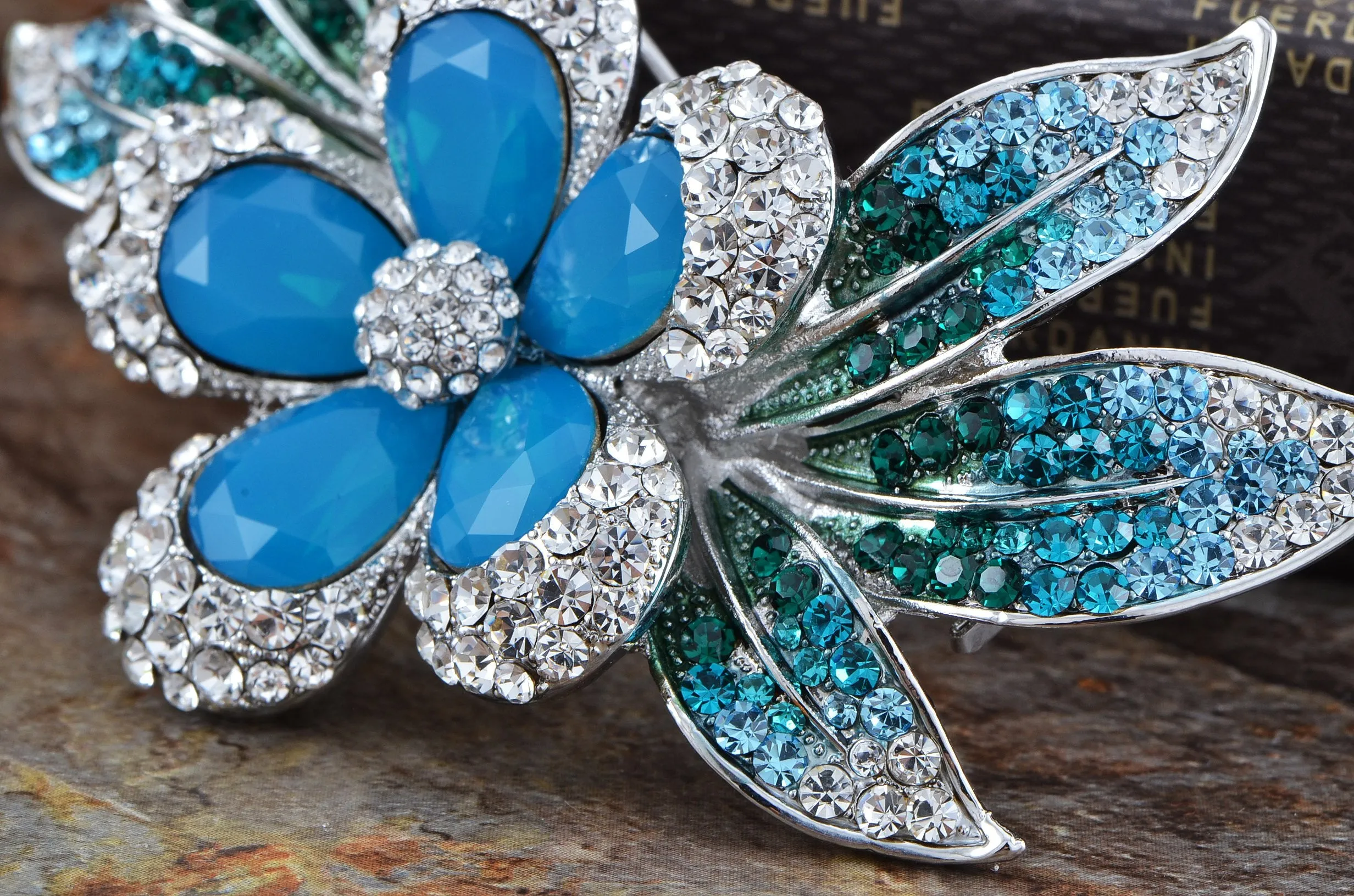 Alilang Womens Silver Blue Green Swarovski Crystal Rhinestones Tropical Hawaiian Flower Brooch Pin