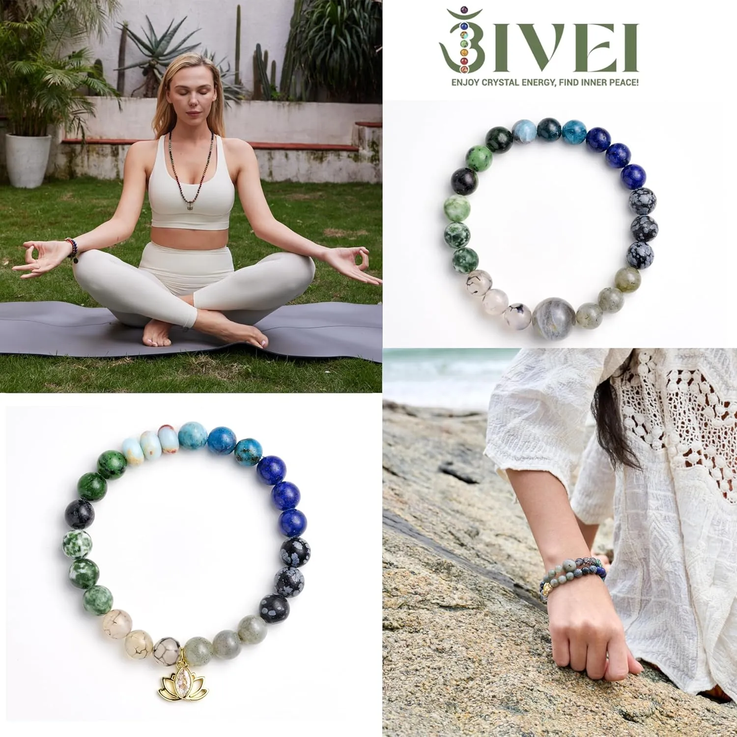 Bivei Beaded Bracelets for Women with Lotus Charm Healing Gemstone Crystal 7 Chakra Bracelet Natural Stretch Bracelets Set for Women Yoga Meditation Anxiety Stress Relief Jewelry