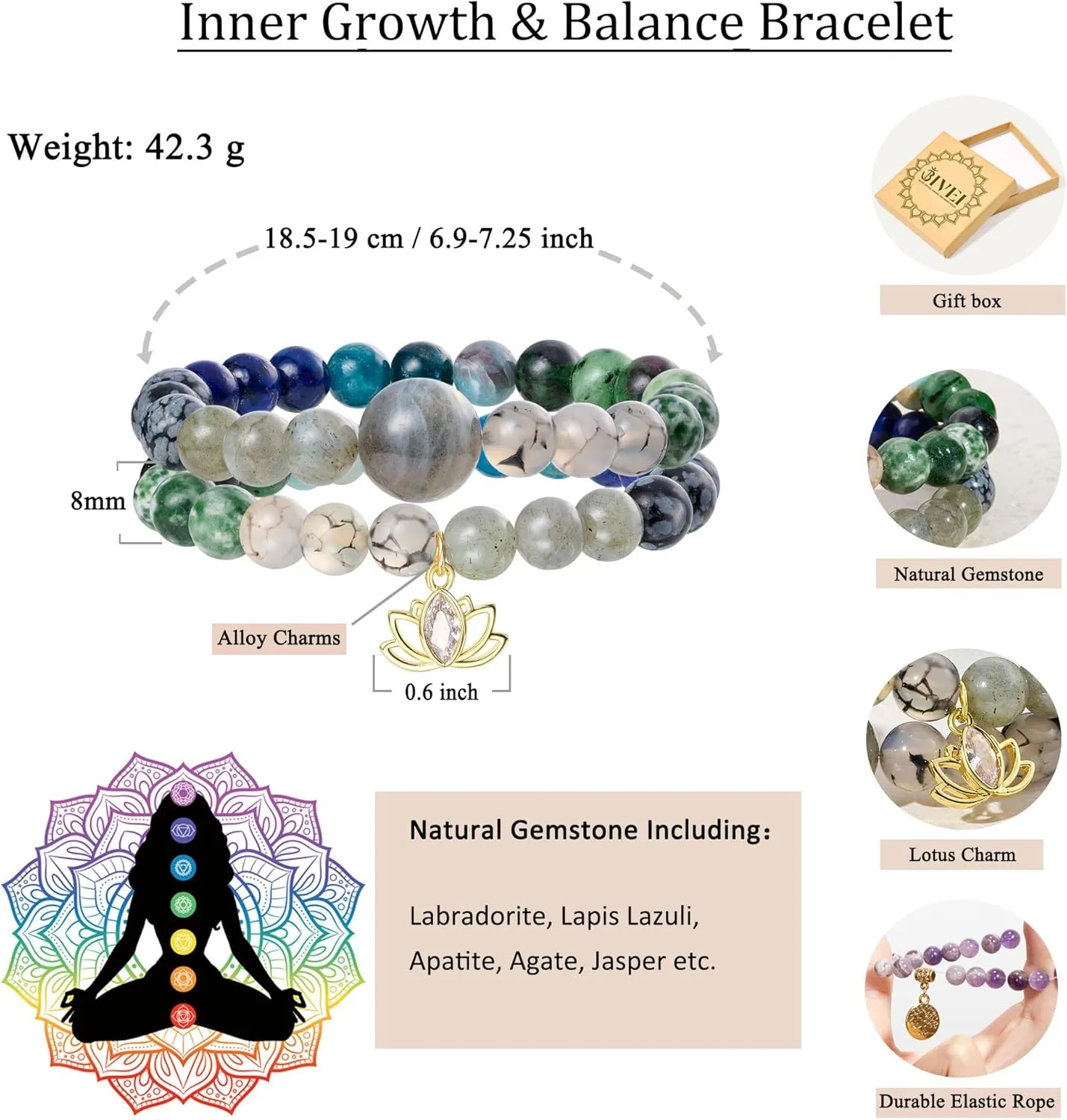 Bivei Beaded Bracelets for Women with Lotus Charm Healing Gemstone Crystal 7 Chakra Bracelet Natural Stretch Bracelets Set for Women Yoga Meditation Anxiety Stress Relief Jewelry
