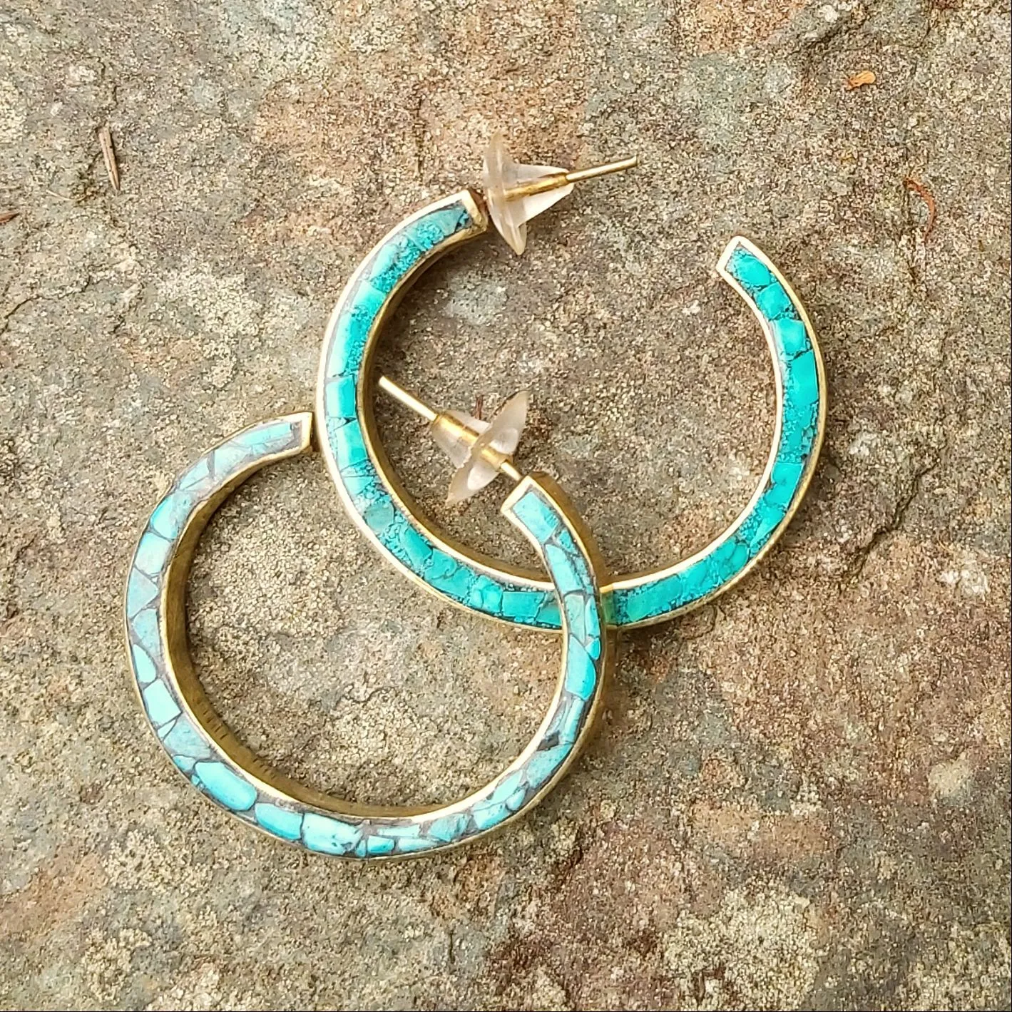 Bold Hoop Turquoise and Brass Earrings