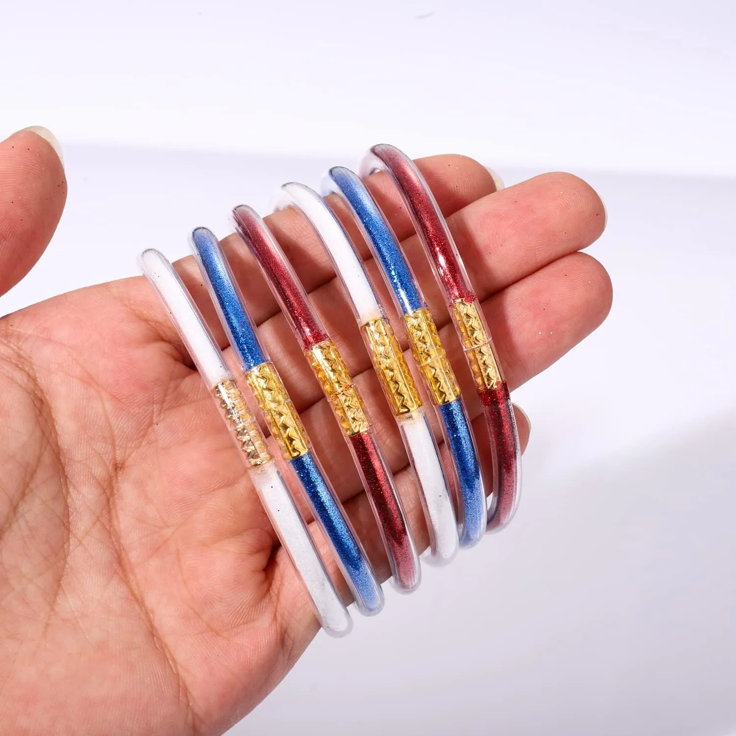 FAERLIIRY Mardi Gras Bracelets Glitter Jelly Bangles Glitter Filled Jelly Silicone Bracelets for Women Girls Bracelets Set for Buddha Girl Waterproof Purple Green Gold Bangles Set