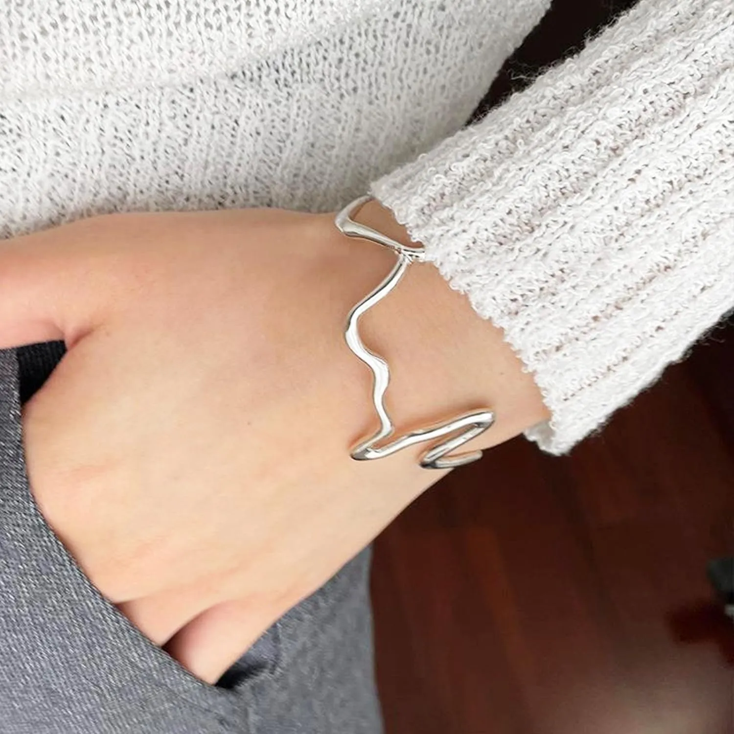 Handmade Bracelets 925 Sterling Silver Cuff Bangle Bracelets Fashion Simple Open Adjustable Bangles for Women