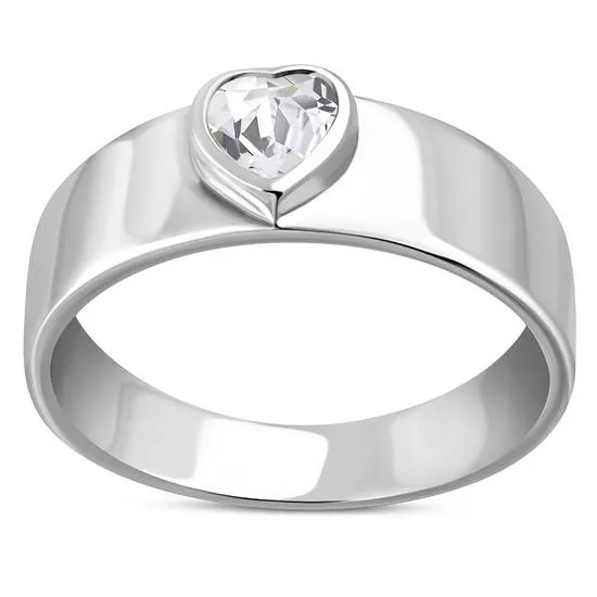 Heart Shaped Clear CZ Silver Band Ring