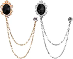Huture 2 Packs Men's Gem Brooch Lapel Pin Badge Hanging Chains Collar Brooches Pin for Career Suit Tuxedo of Shirts Tie Hat Scarf for Boyfriend Father Birthday Gift, Gold Silver Black