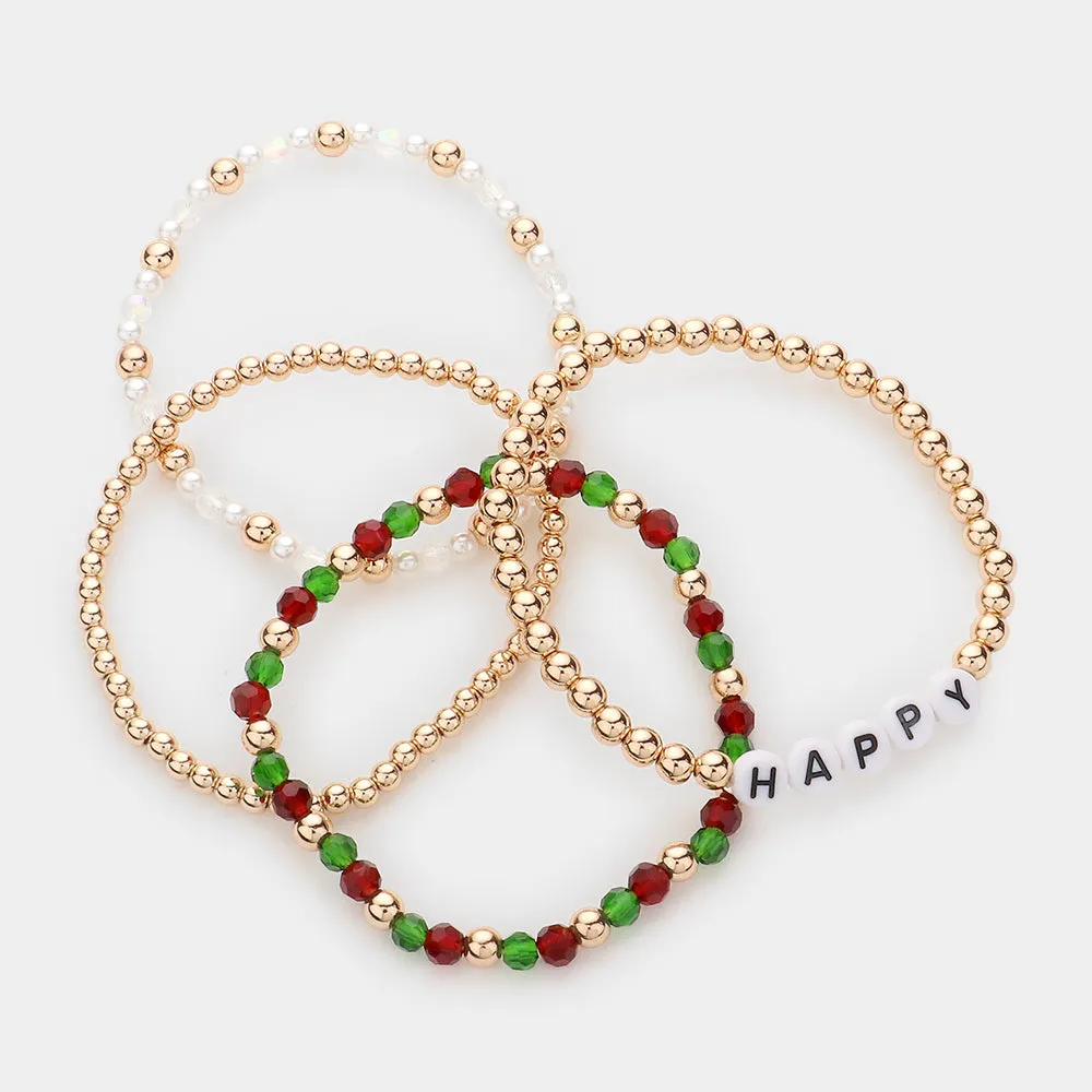 iLLASPARKZ 4PCS - Happy Message Pearl Metal Ball Faceted Beaded Stretch Bracelets