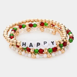 iLLASPARKZ 4PCS - Happy Message Pearl Metal Ball Faceted Beaded Stretch Bracelets