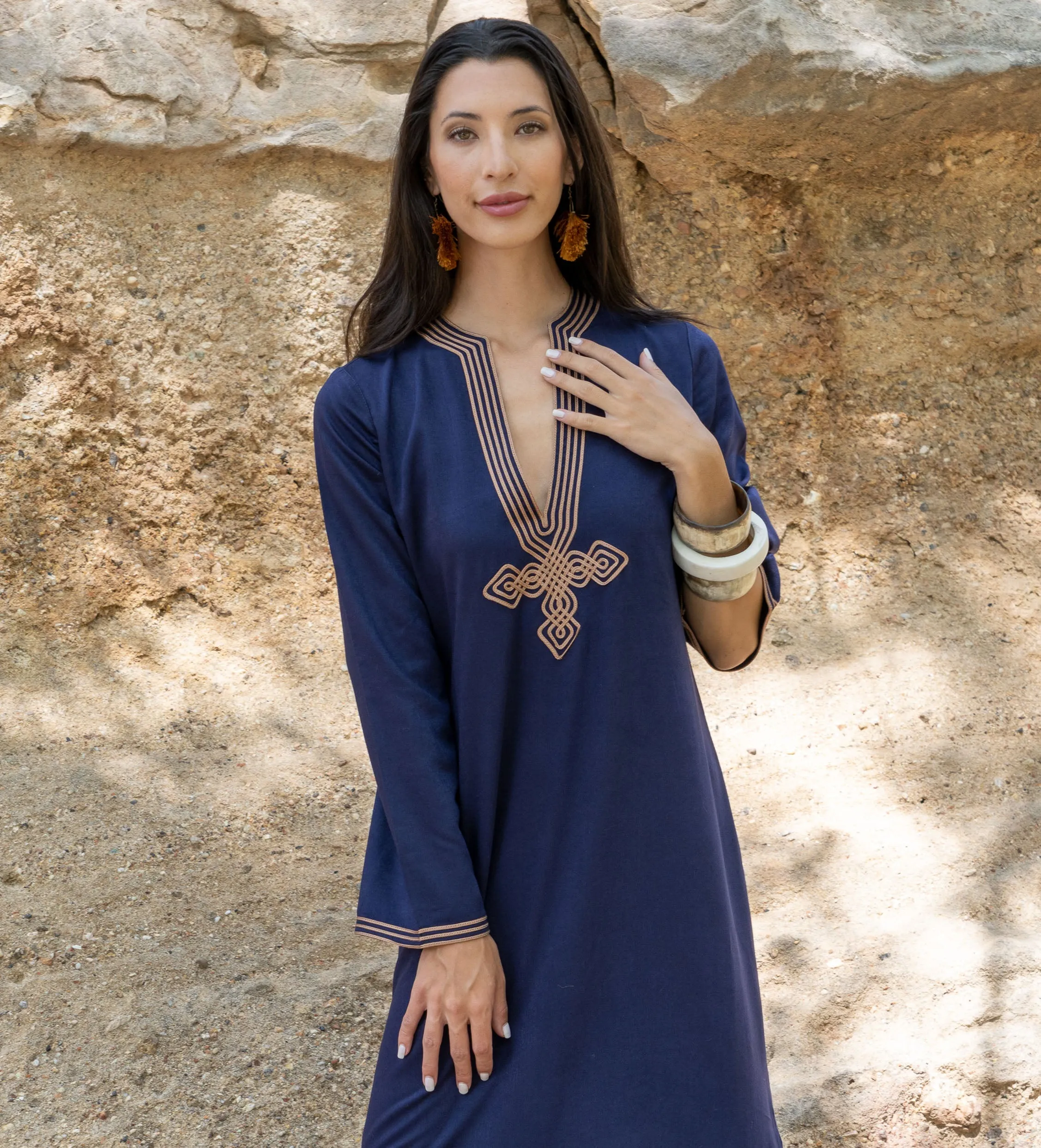Moroccan V-Neck Slim Fit Dress: Navy