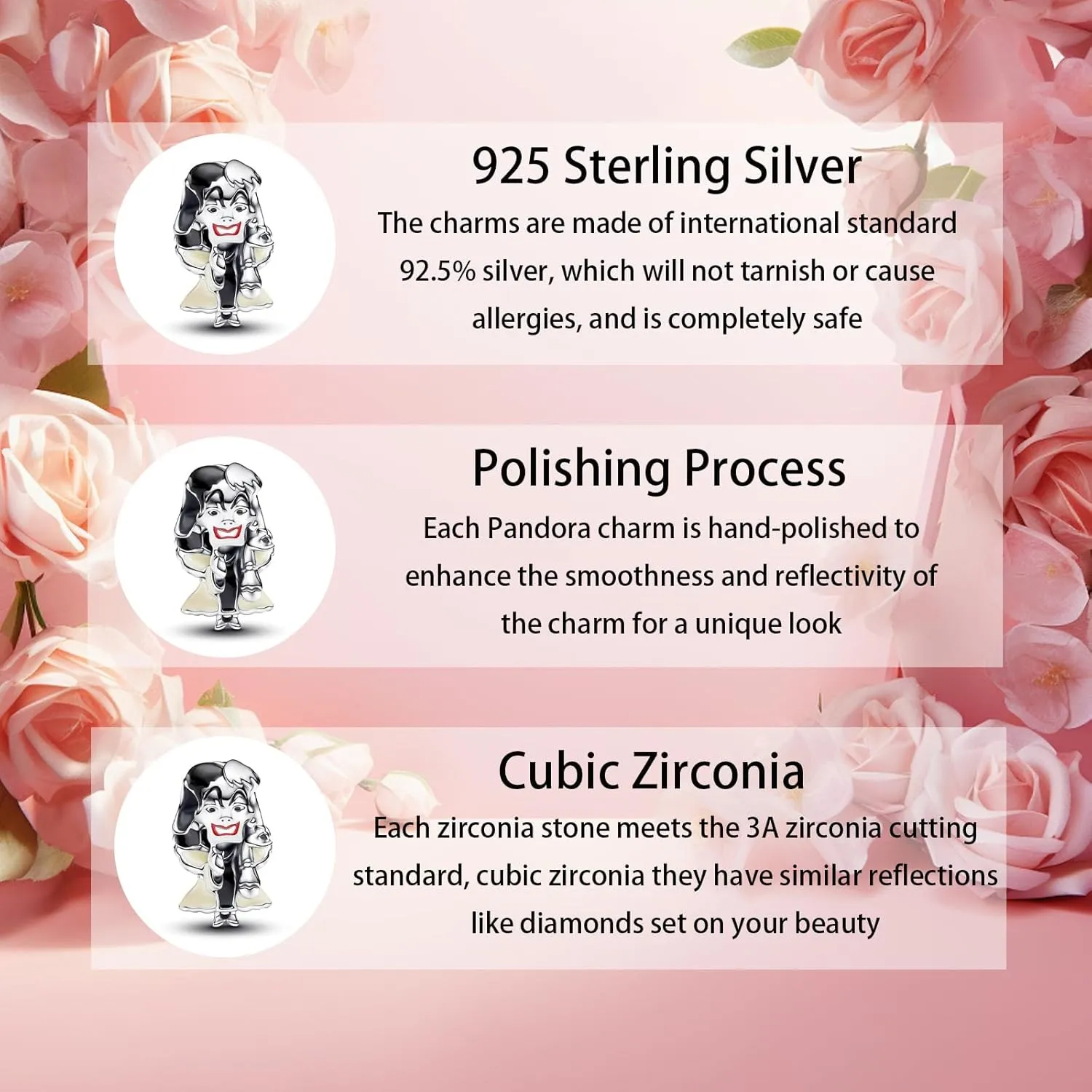 RADIVIDE 925 Sterling Silver Charms, Evil Queen Apple Charm, Villains Cruella De Vil Charm, Villains Maleficent Charm for Pandora Women's Bracelet DIY Charms, Women's Holiday Charms Gifts