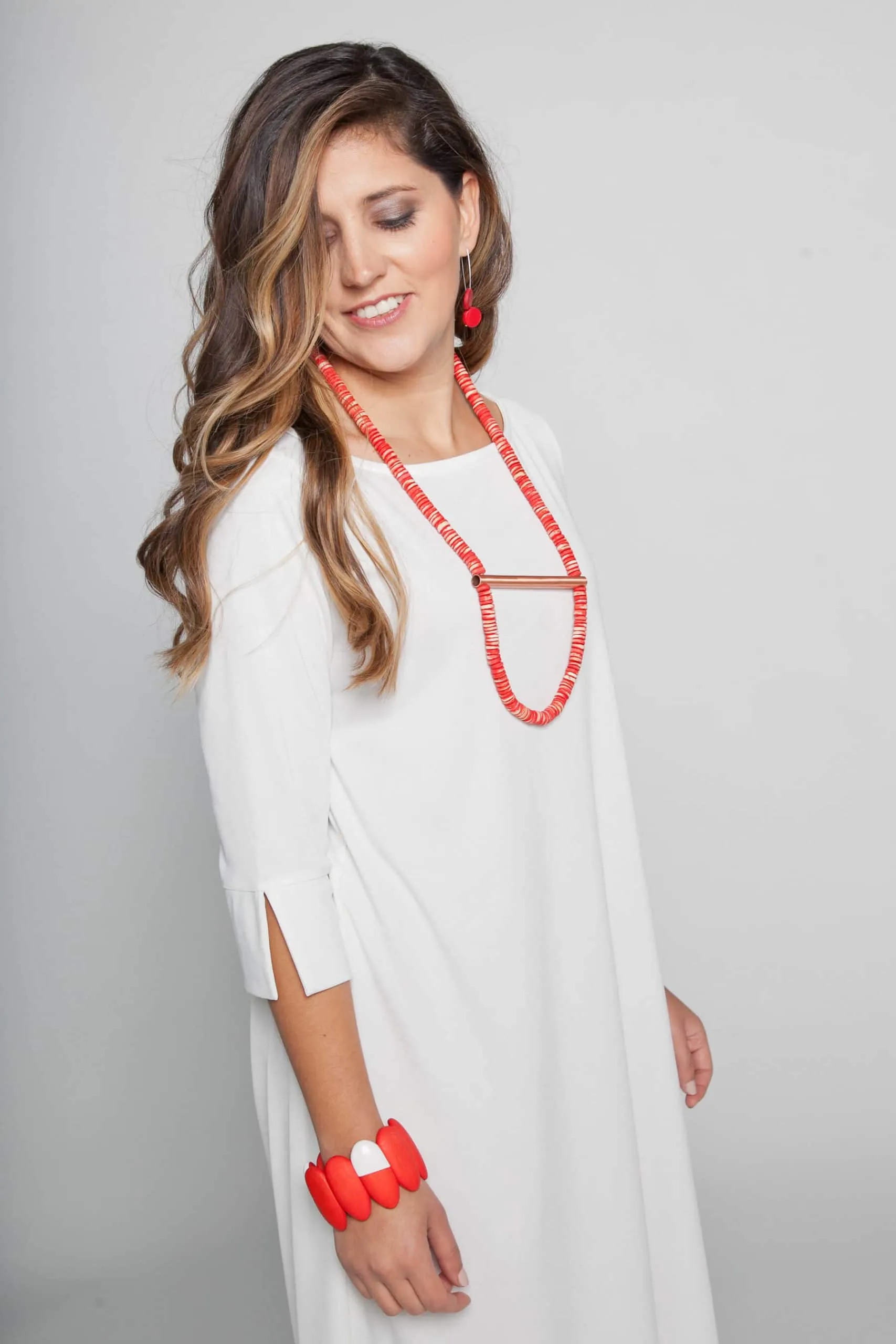 Red Beaded and Copper Bar Necklace