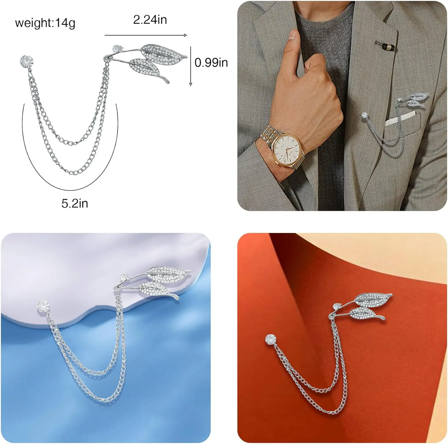Silver Crystal Flower Leaf Birdie Brooch Lapel Pin for Men Rhinestone Pearl With Hanging Chain Brooch for Men Suit Fashion Tuxedo Tie Hat Scarf Collar Pins for Men Women Gifts