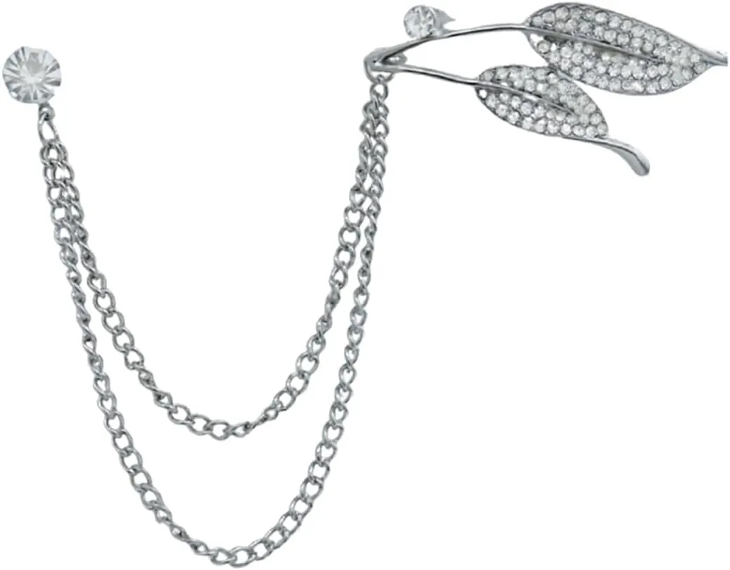 Silver Crystal Flower Leaf Birdie Brooch Lapel Pin for Men Rhinestone Pearl With Hanging Chain Brooch for Men Suit Fashion Tuxedo Tie Hat Scarf Collar Pins for Men Women Gifts