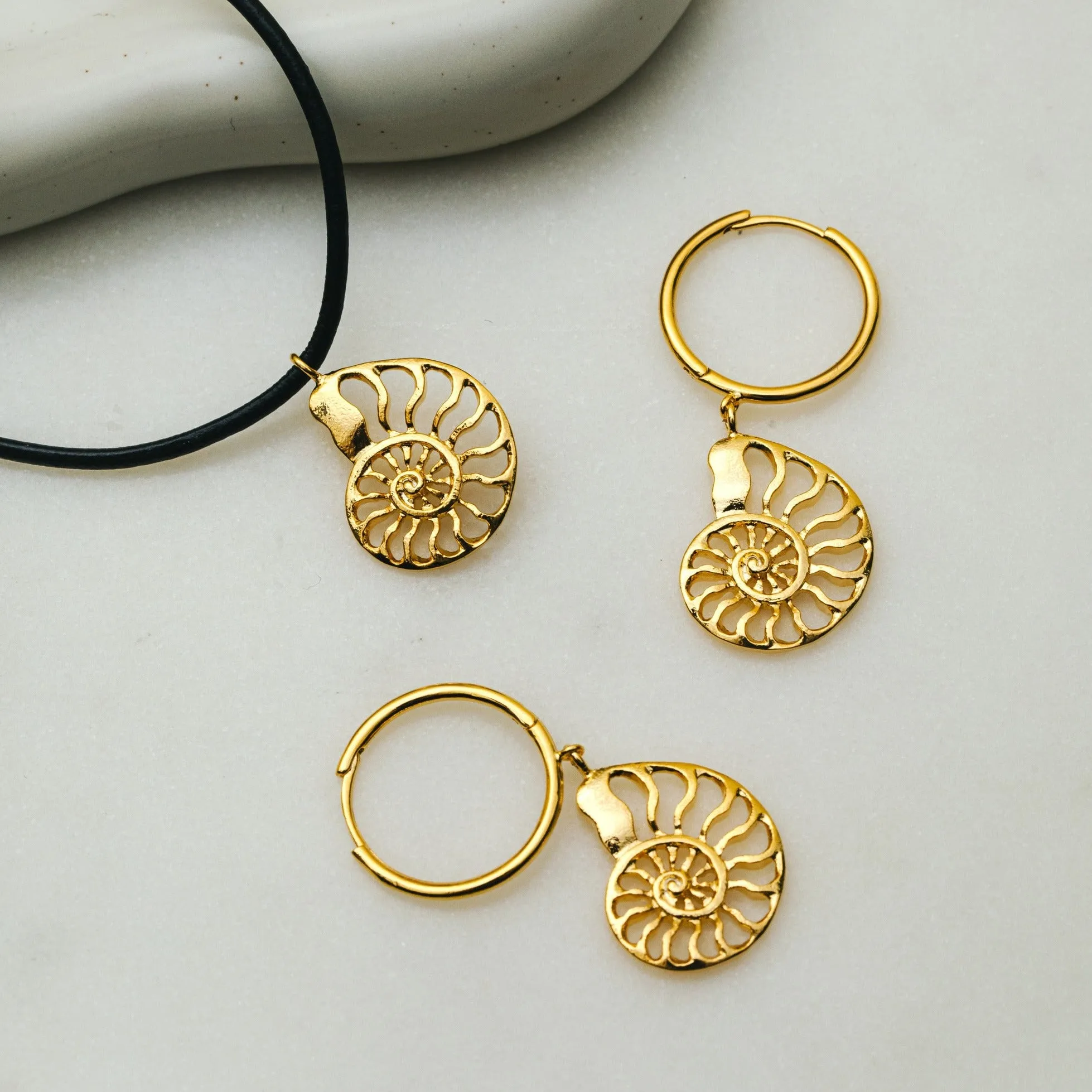 Statement Open Ammonite Drop Hoop Earrings - Gold