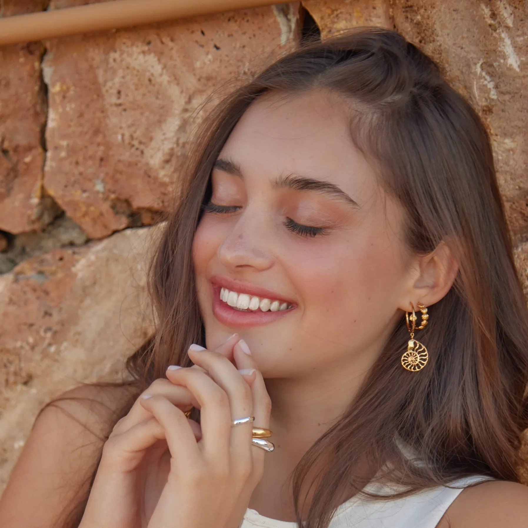 Statement Open Ammonite Drop Hoop Earrings - Gold