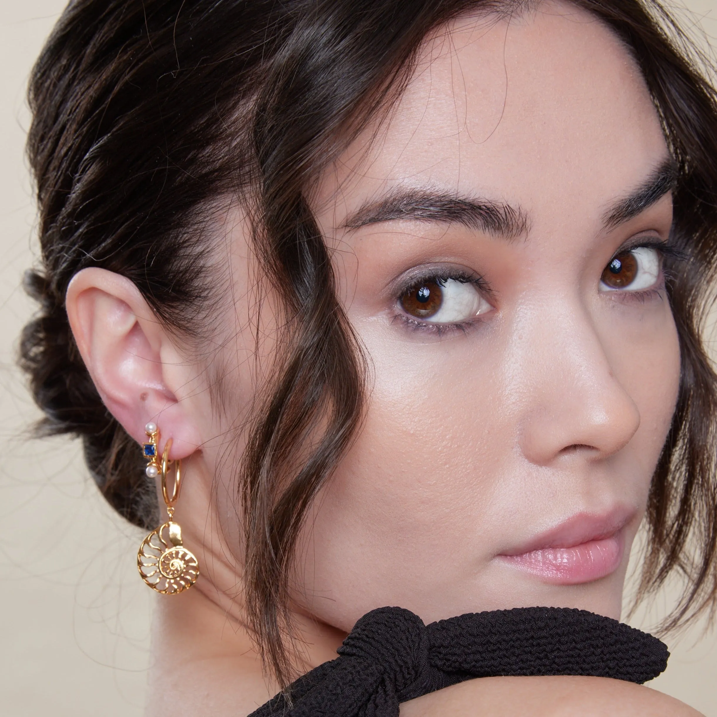 Statement Open Ammonite Drop Hoop Earrings - Gold