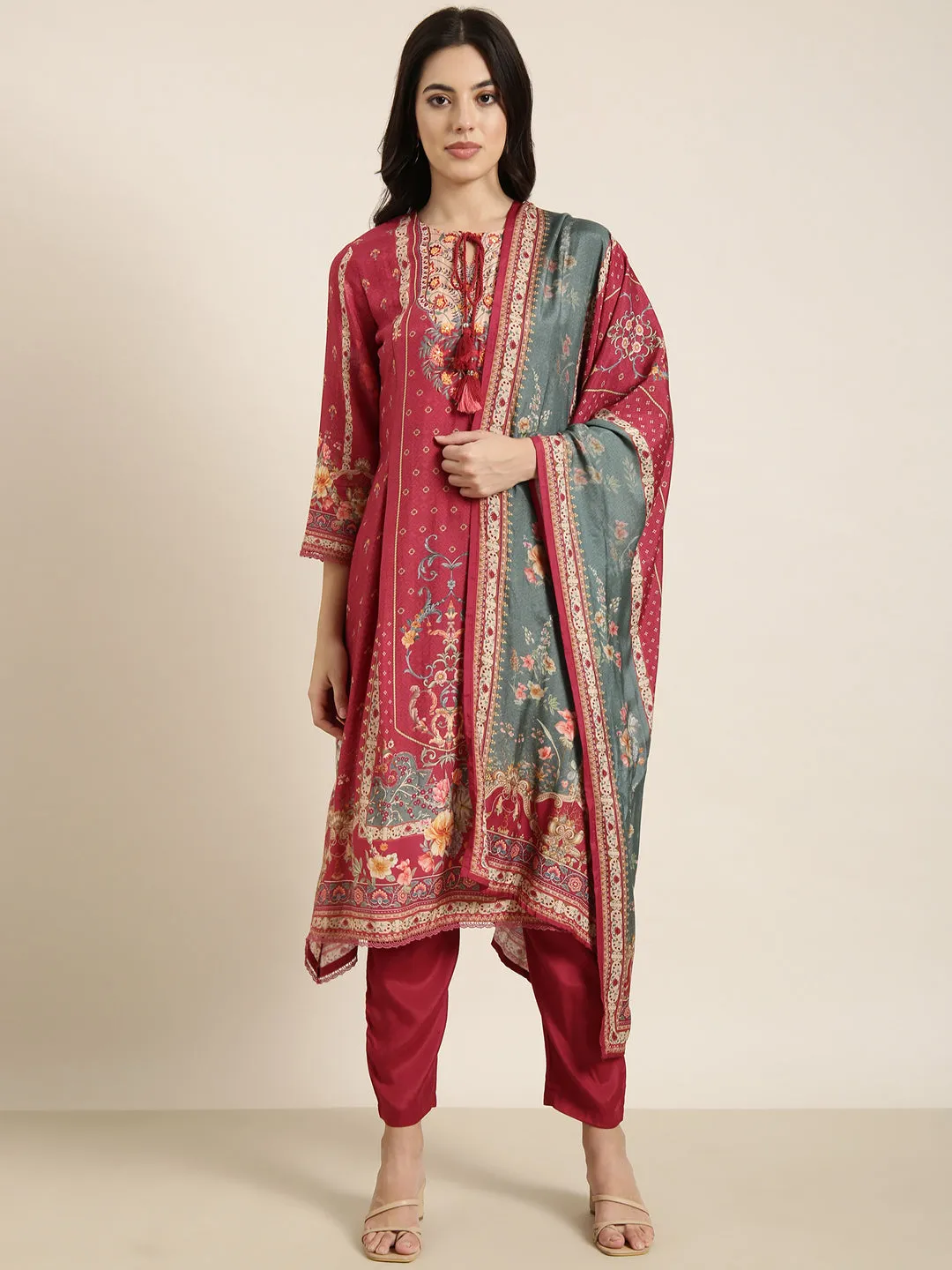 Women Straight Pink Floral Kurta Sets with Trousers & Dupatta
