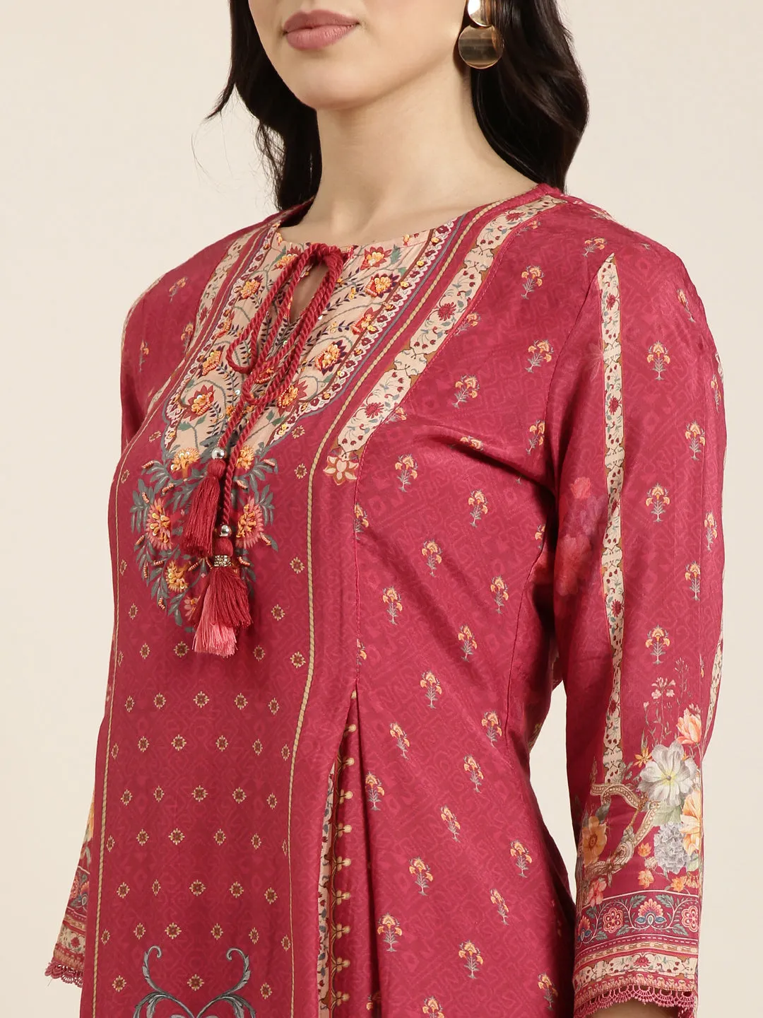 Women Straight Pink Floral Kurta Sets with Trousers & Dupatta