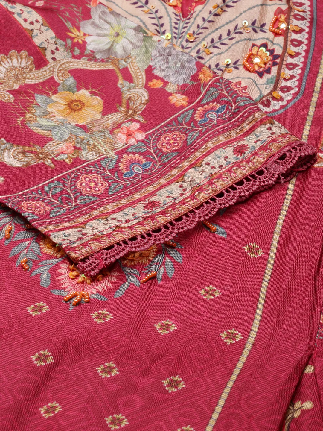 Women Straight Pink Floral Kurta Sets with Trousers & Dupatta