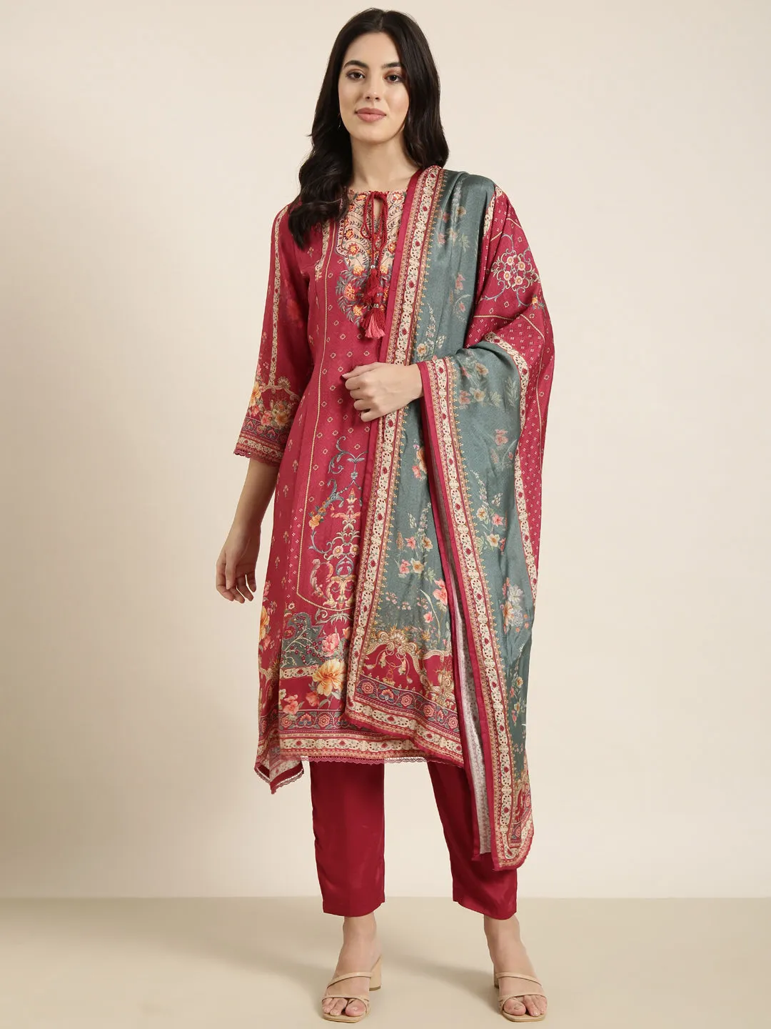 Women Straight Pink Floral Kurta Sets with Trousers & Dupatta