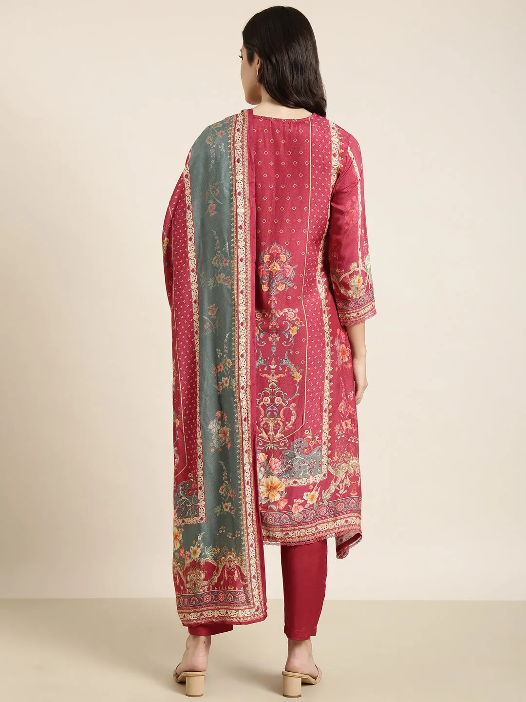 Women Straight Pink Floral Kurta Sets with Trousers & Dupatta
