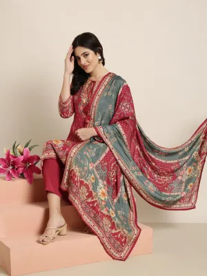 Women Straight Pink Floral Kurta Sets with Trousers & Dupatta